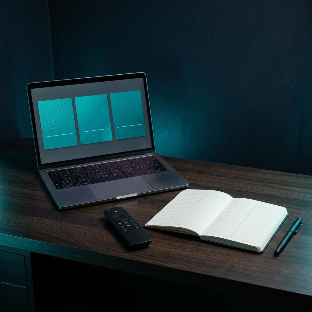 Generiertes Bild eines Schreibtischs mit Laptop, Fernbedienung und Unterlagen zum IPTV-Anbieter-Vergleich