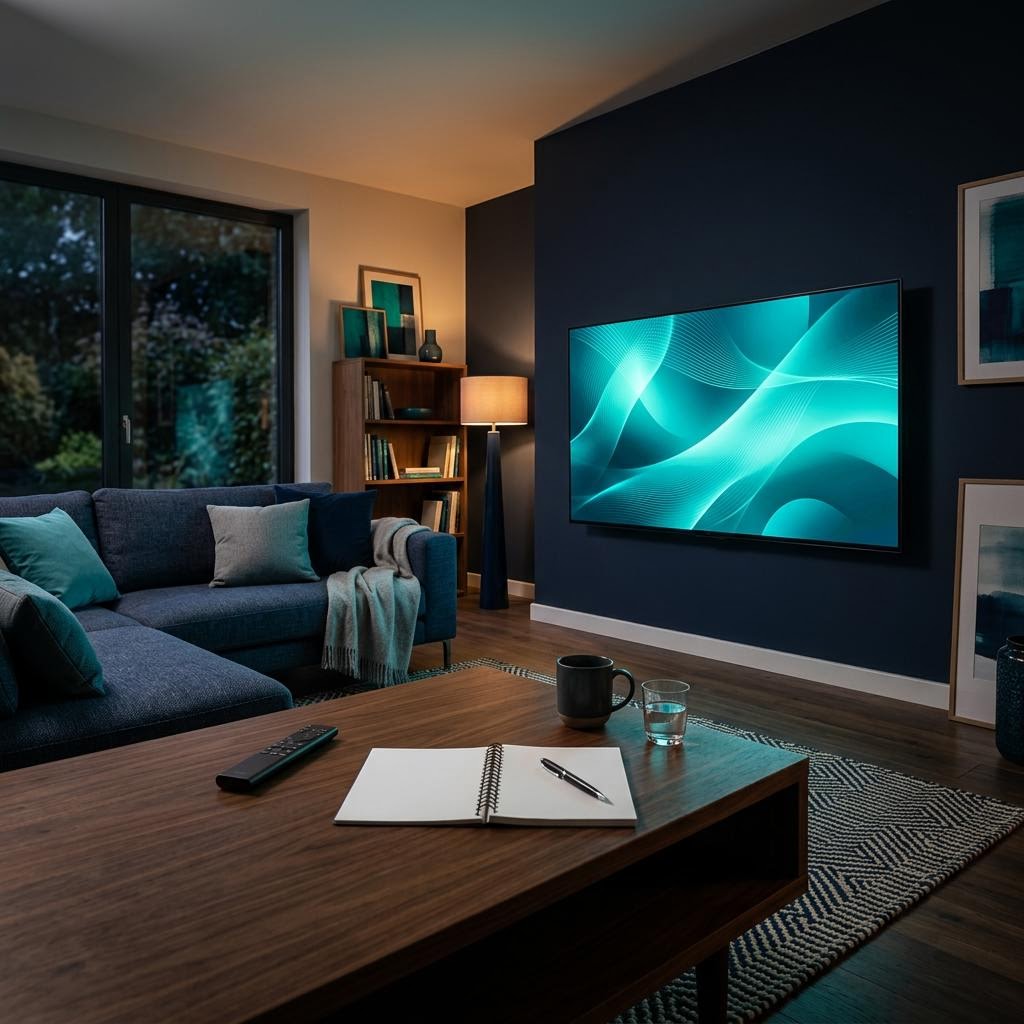 Generiertes Bild eines Wohnzimmers mit Fernseher, Fernbedienung und Notizbuch zur IPTV-Kaufplanung